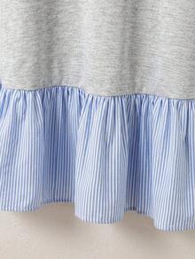 青少年女孩 Polo 領條紋刺繡圖案短袖中長洋裝，適合青少年女孩，對比色荷葉領花瓣袖印花洋裝，適合學校、戶外活動、購物，鈕扣洋裝 - 彩色 - View 7