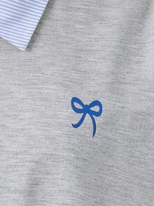 青少年女孩 Polo 領條紋刺繡圖案短袖中長洋裝，適合青少年女孩，對比色荷葉領花瓣袖印花洋裝，適合學校、戶外活動、購物，鈕扣洋裝 - 彩色 - View 9