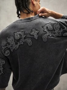 PAVTROS 男士時尚復古落肩短袖圓領寬鬆夏季T恤，度假風 - 黑色 - 查看 4