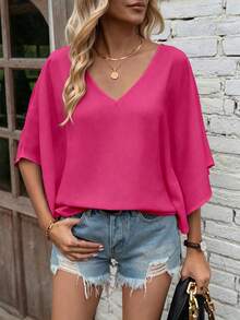 EMERY ROSE Blus Wanita Polos Leher V Lengan Kelelawar Kasual untuk Musim Panas - Hot Pink - View 6