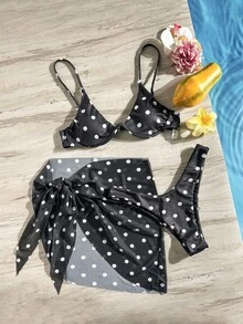 Swim SXY 女款夏季海灘純色波點細肩帶比基尼上衣與三角褲兩件式泳衣套裝，附迷你裙 - 黑與白 - 查看 3