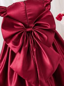 SHEIN Glamorique Kids Infant Girl Wedding Flower Girl Dress, Burgundy Glossy Fabric, 3D Bow Back, Train, Baby Girl Dress, 1st Birthday Dress Autumn Winter - Burgundy - View 10
