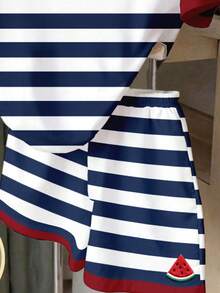 SHEIN 青少年女孩全印花短褲套裝 藍色與白色條紋休閒穿搭 夏季西瓜印花短袖T恤與短褲2件套 - 彩色 - 查看 4