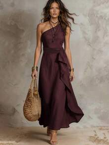 Solivie Women's Solid Color One-Shoulder Patchwork Ruffle Sleeveless Elegant Long Dress - Burgundy - View 4