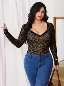 SHEIN Tall CURVE 大码女式撞色蕾丝豹纹性感连体衣 - 彩色 - 查看 4