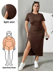 Shapeblank 大码女式灰色短袖不对称下摆休闲连衣裙 - 棕色 - 查看 2