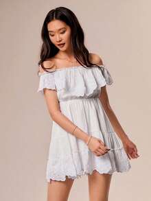 Willow Rêve Women's White Embroidered Ruffle Trim Bandeau Mini Dress, Romantic Cottage Core Vacation Style, Boho, Valentine's Day, Elegant Short, Summer Dresses - White - View 9