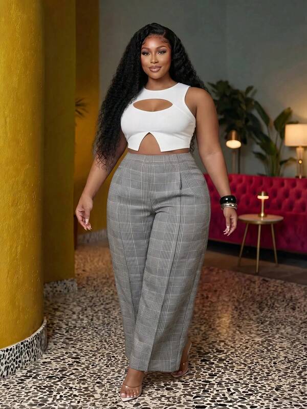 Veslaya 2026 Spring/Summer Women's Plus Size New Beach-To-Dinner Anniversary Casual Comfortable Multi-Occasion Office Commute Viral Hot-Selling Music Festival Beach Stroll / Island Vacation High-End Elegant Romantic Classic Houndstooth Print Back Waist Elastic 8-Point Pants Bottoms