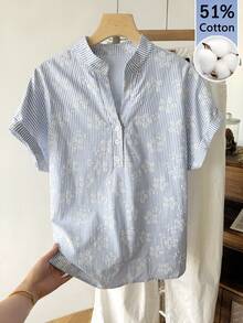 Tseoso 女款條紋花卉刺繡圖案休閒百搭日常穿著襯衫 - 藍白色 - 查看 1