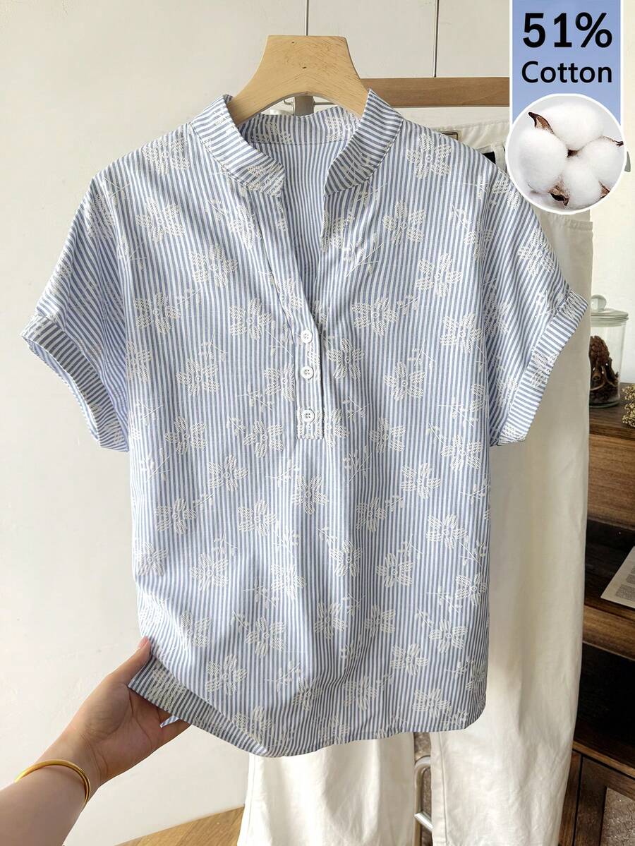Tseoso 女款條紋花卉刺繡圖案休閒百搭日常穿著襯衫 - 藍白色 - 查看 1