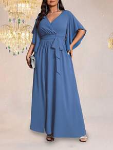 Auvina Plus Size Women V-Neck Flare Short Sleeve Tie Waist Ruffle Slit Elegant Party Maxi Dress - Dusty Blue - View 4