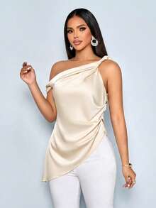 SOLERSUN Women's Summer Satin Asymmetric One Shoulder Twist Knot Ruched Blouse Chic Office Workwear - Apricot - View 8