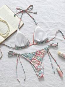 Swim Mod Sweet Vacation 女款泳裝套裝，掛脖式無鋼圈綁帶設計，適合海灘度假穿著 - 彩色 - 查看 2