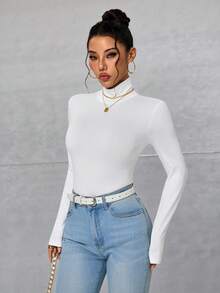 INAWLY High Neck Slim Fit Basic Tee Fall Cloth For Women - White - View 5