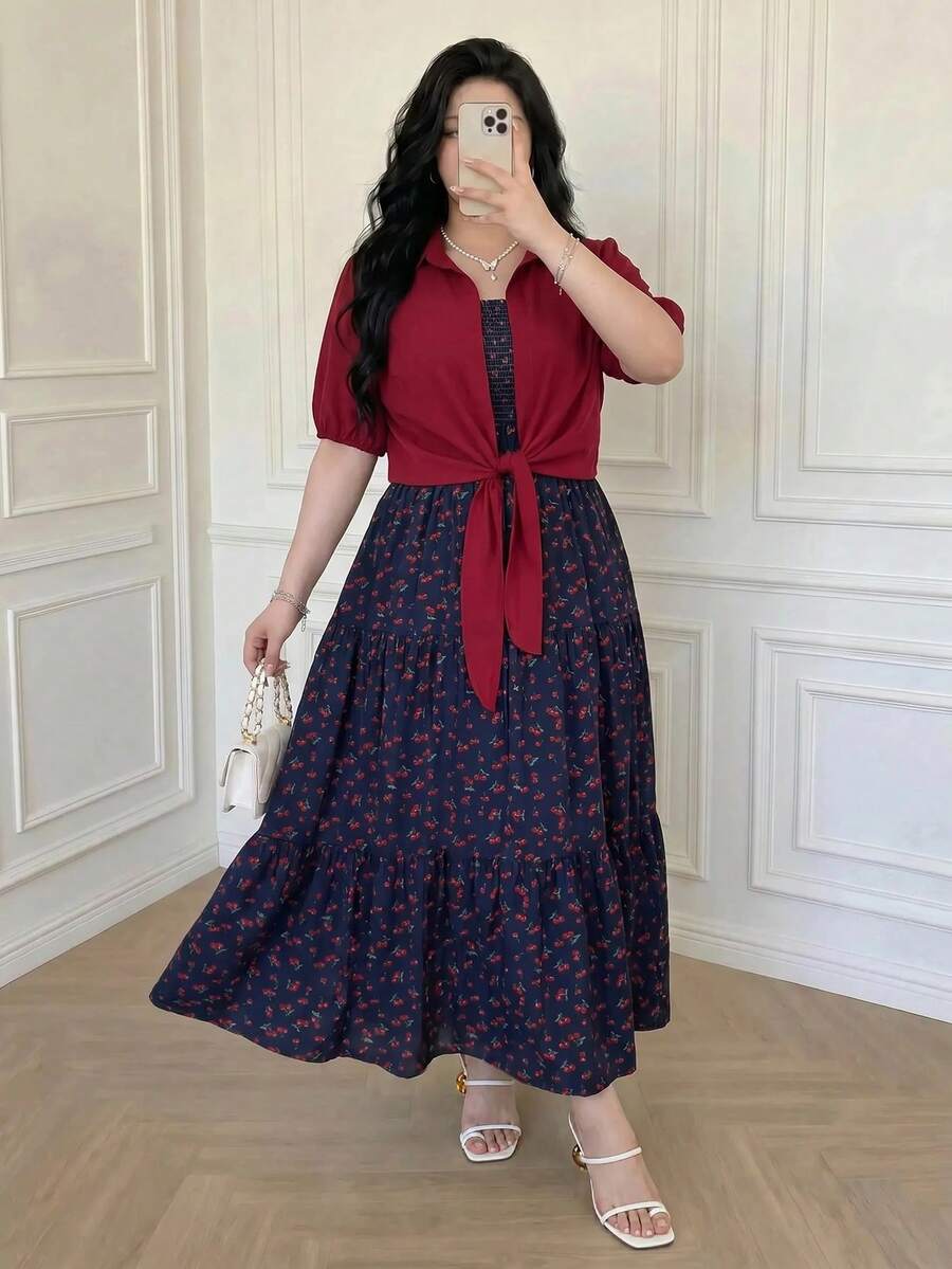 Vibekara Plus Size Casual Cherry Print Spaghetti Strap Maxi Dress + Tie-Front Shirt 2-Piece Set - Navy Blue - View 1