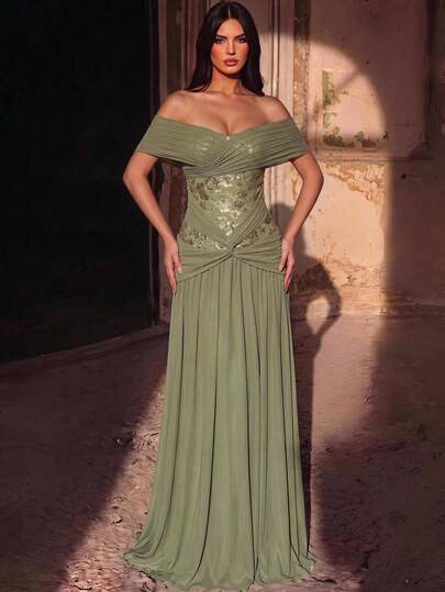Glamrae Elegant Light Grey-Green Lightweight 3D Off-Shoulder Design, Luxury 3D Sequin Waist, Slimming Twisted Waist, A-Line Skirt With Adjustable Back Tie, Suitable For Beach Vacation, Multi-Occasion Wear, Music Festival, Date, Dinner, Photo Shoot, Birthday Party, Graduation Ceremony, Versatile, Wedding Event, Bachelorette Party, All Formal Occasions, Women's Evening Gown.