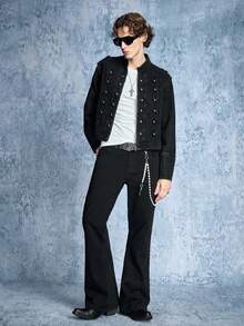 ROMWE MEN Street Life Men's Court Style Denim Long Sleeve Top - Black - View 7
