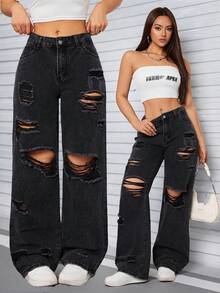 SHEIN PETITE 高腰破洞口袋寬鬆休閒街頭風牛仔褲，黑色夏季日常款，適合嬌小女性 - 黑色 - 查看 6