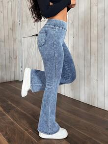 SHEIN PETITE 女款彈性腰休閒百搭喇叭褲，適合嬌小女性 - 藍色 - 查看 4