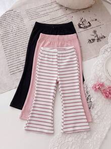 SHEIN Playful Pals 3件組女嬰幼兒百搭休閒多色純色與條紋彈性腰長褲，女嬰喇叭褲，幼兒內搭褲，嬰兒長褲，四季百搭喇叭褲款 - 彩色 - 查看 8