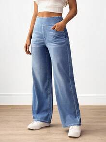 SHEIN Tall 女款素色休閒簡約牛仔褲，適合高個女性 - 藍色 - 查看 4