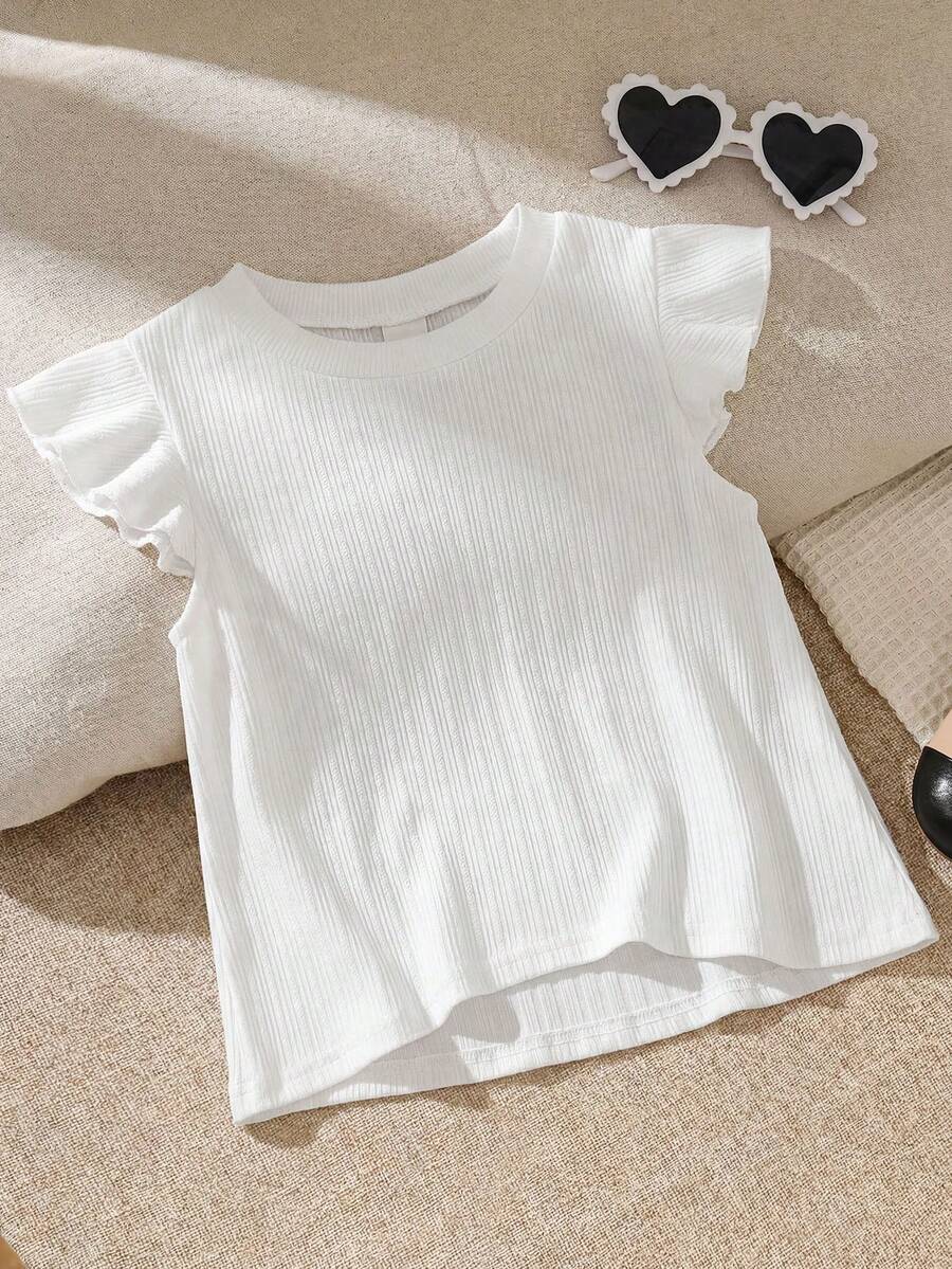 SHEIN 女童小女孩針織純色圓領荷葉邊下擺寬鬆休閒T恤 - 白色 - 查看 1