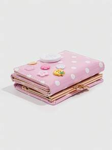 ROMWE Kawaii 1個可愛多巴胺時尚波點鈕扣裝飾短夾，女士小巧短錢包，開學禮物，便攜日常卡片收納包 - 粉色 - 查看 7