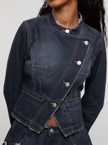 COUREZ Asymmetric Front Military Denim Jacket, Y2K Autumn Fall Going Out Festival Concert Lightweight Drummer Jacket , Fall Winter For Women - Dark Wash - View 7