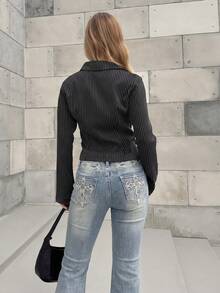 BiaLiraa Y2K Retro Millennium Baddie Pocket Cross Wing Embroidery Fitted Flare Leg Jeans For Women Casual - Light Wash - View 2