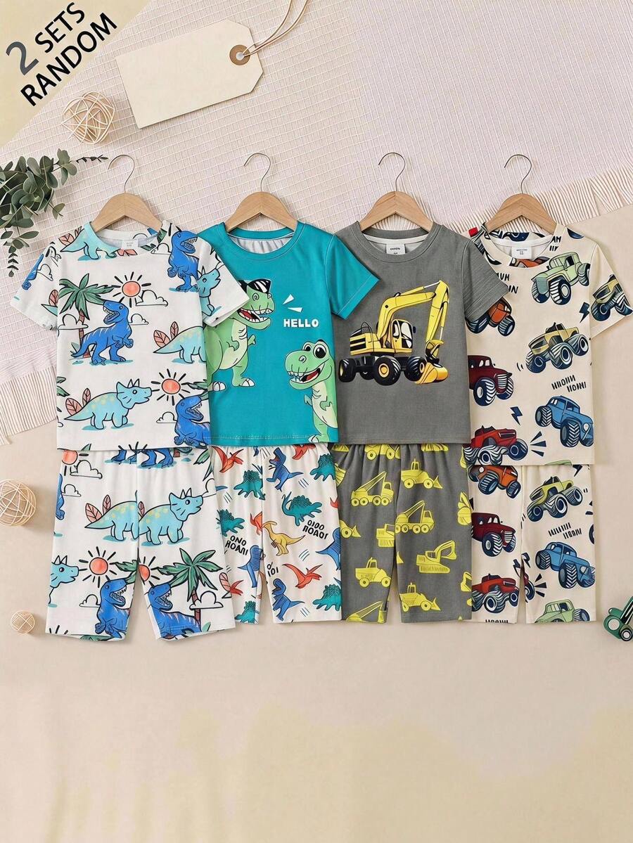 SHEIN 男童卡通恐龙印花短袖上衣和短裤睡衣套装 - 彩色 - 查看 1