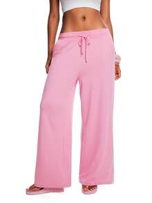 Zyxie LOONEY TUNES X SHEIN Women's Solid Color Drawstring Waist Casual Versatile Wide Leg Pants For Daily Wear - Pink - View 5