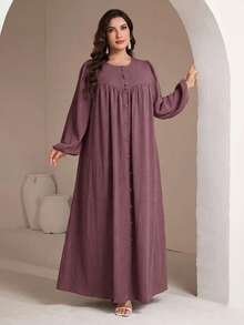 Veilorie Plus Size Women Solid Color Button Long Sleeve Pleated Arabian Dress - Dusty Pink - View 6