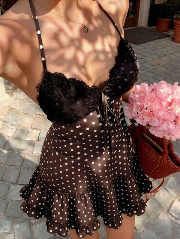 Cévolie Women's Spring/Summer Minimalist Sexy Elegant Woven Halter Tie Cup Splicing Lace Polka Dot A-Line Ruffle Gathered Mini Dress