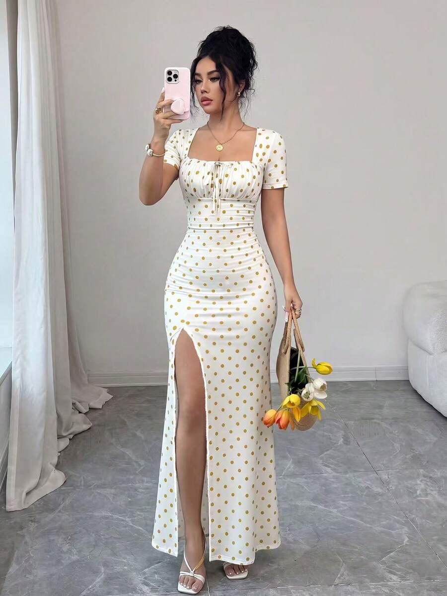 Olia Maree 女款夏季短袖長洋裝 數位印花度假洋裝 海灘度假洋裝 裙襬開衩腰部抓皺長洋裝 - 黃色 - 查看 1