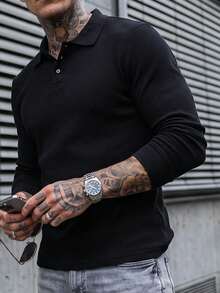 Manfinity CasualCool 男士休閒百搭純色長袖 Polo 衫 - 黑色 - 查看 5