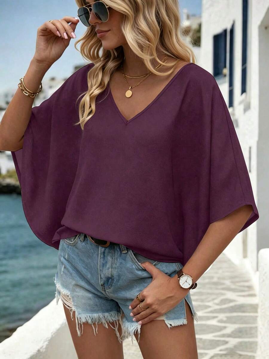 EMERY ROSE Casual Solid Color Batwing Sleeve Shirt, Summer Holiday Vacation Dark Purple - Purple - View 1