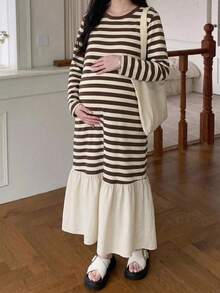 DAZY Contrast Color Patchwork Round Neck Casual Loose Short Sleeve Long Maternity Dress For Spring And Summer - Navy Blue - View 3