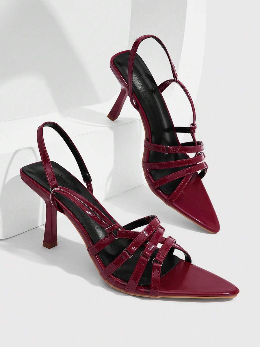 CUCCOO SZL Burgundy Patent Leather Pointed Cross-Strapped High-Heeled Sandals, Women's Retro Rear Strap Open-Toed High-Heeled Shoes - Burgundy - View 1