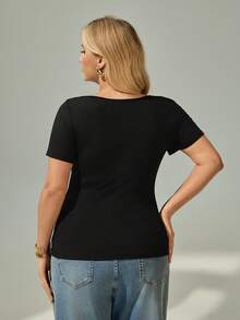 Shapeblank Women's Plus Size New Spring/Summer Fashionable Black Hollow-Out Slim Fit Short Sleeve T-Shirt, Versatile - Black - View 3