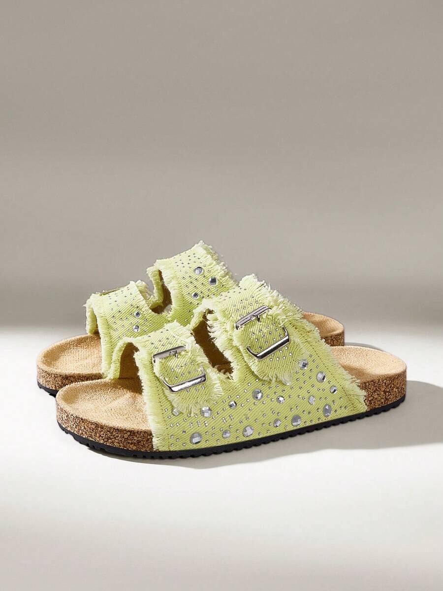 Solecia Summer Women's Fashion Casual Belt Rhinestone Rough Edge Design, Adjustable Buckle Daily Beach Vacation Sandals - grass green - View 1