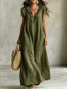 EMERY ROSE Ladies Weave Elegant Summer Long Dresses For Vacation - Army Green - View 1