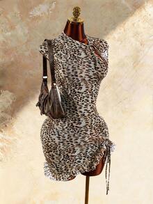 Amplova Women's Leopard Print Mini Dress With Cheongsam Collar - Multicolor - View 7