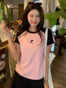 TOM AND JERRY X DAZY Women's Casual Round Neck Contrast Color Raglan Sleeve T-Shirt, Summer Cute Top - Pink - View 3