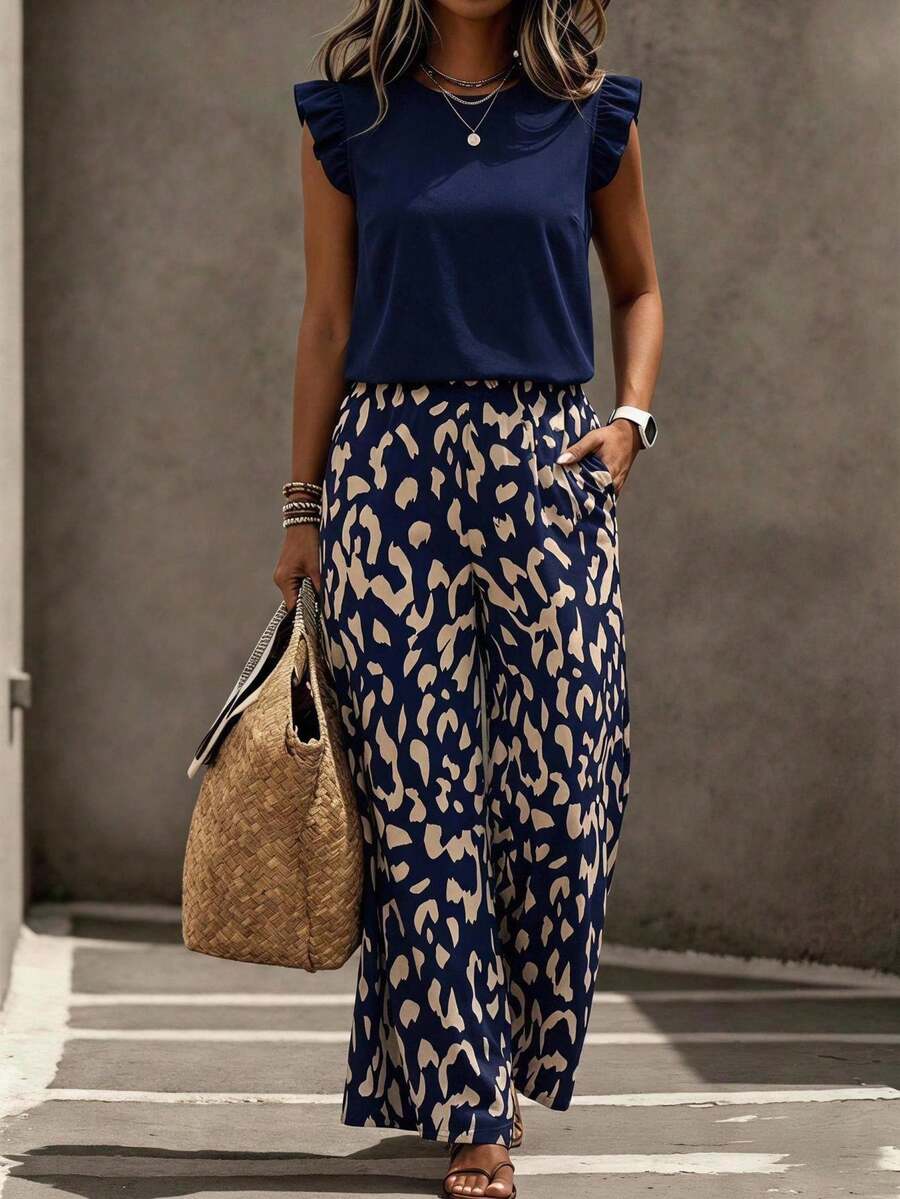Comfylo Plus Size Casual Solid Color Top And Leopard Print Pants 2 Pieces Set - Navy Blue - View 1
