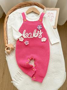 SHEIN Baby Girls Newborn Knitted Romper, Crawler Suit, Rose Pink, Exquisite Embroidery, 3D Flower Decoration, Cute Elegant Luxurious, Can Be Paired With T-Shirt - Hot Pink - View 1