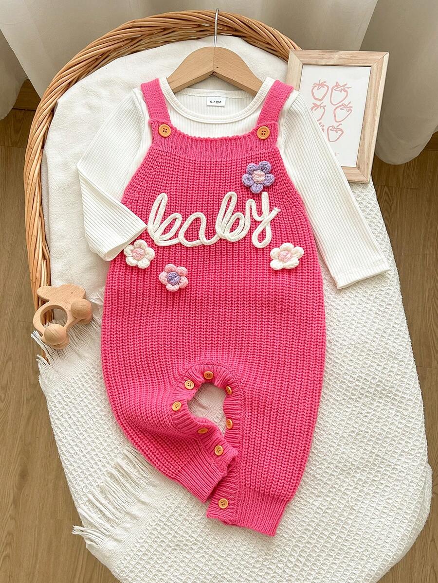 SHEIN Baby Girls Newborn Knitted Romper, Crawler Suit, Rose Pink, Exquisite Embroidery, 3D Flower Decoration, Cute Elegant Luxurious, Can Be Paired With T-Shirt - Hot Pink - View 1