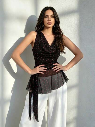 RiviMae Women's Elegant Polka Dot Sleeveless Top,Small Draped Neck Mesh Splice Sweet & Chic Minimalist Summer Top For Date,Black And Red Tie Sash Sash