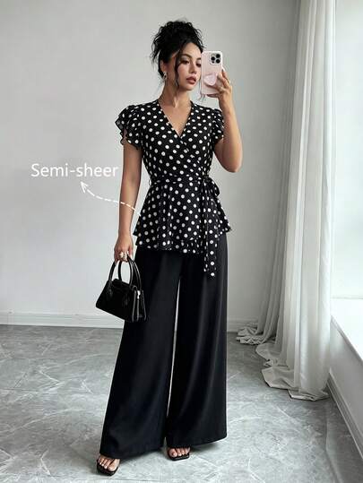 Elenzga Commuter Elegant Polka Dot V-Neck Sleeveless Top & Straight Leg Pants Set