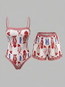 Swim Oasis 女款字母魚紋印花連身泳衣與短褲套裝，適合海灘度假、泳池派對、海灘派對 - 彩色 - 查看 3