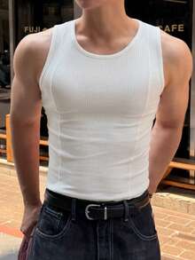 DAZY Men's Ribbed Minimalist Everyday Crew Neck Tank Top, Versatile - White - View 1